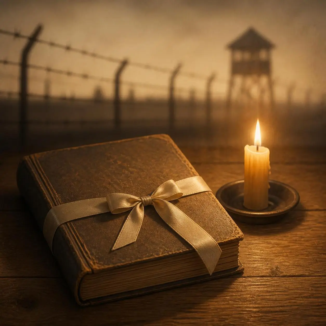 An image displaying a diary on a lace and a candle, with concentration camps on background
