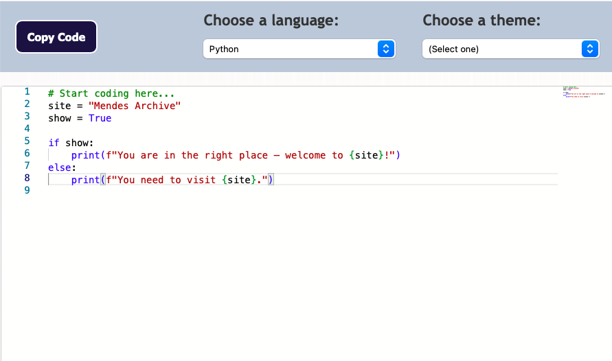 A screenshot of a webpage displaying a code editor