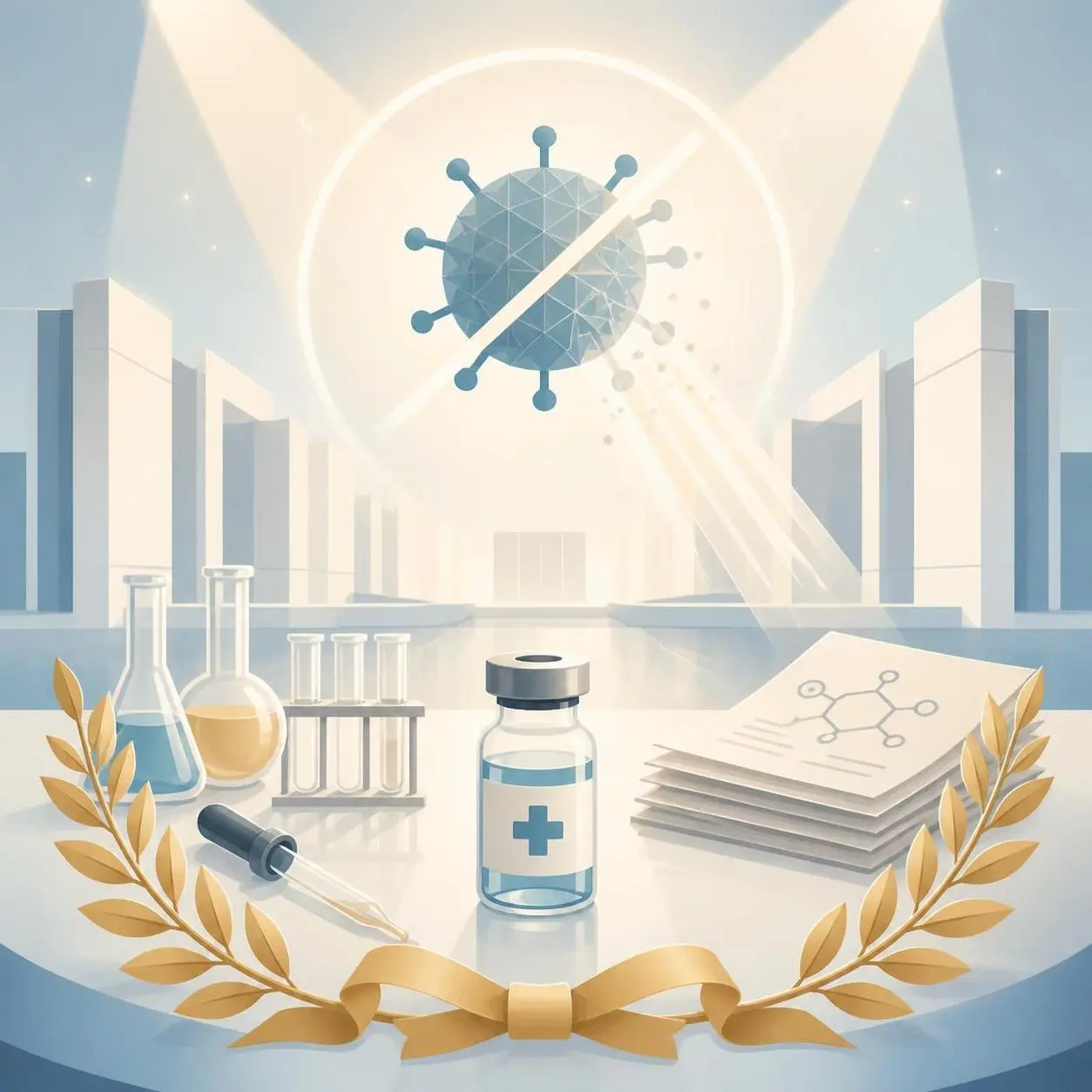 Laboratory scene introducing a vaccine vial, dropper, glassware, research papers, and a stylized virus emblem